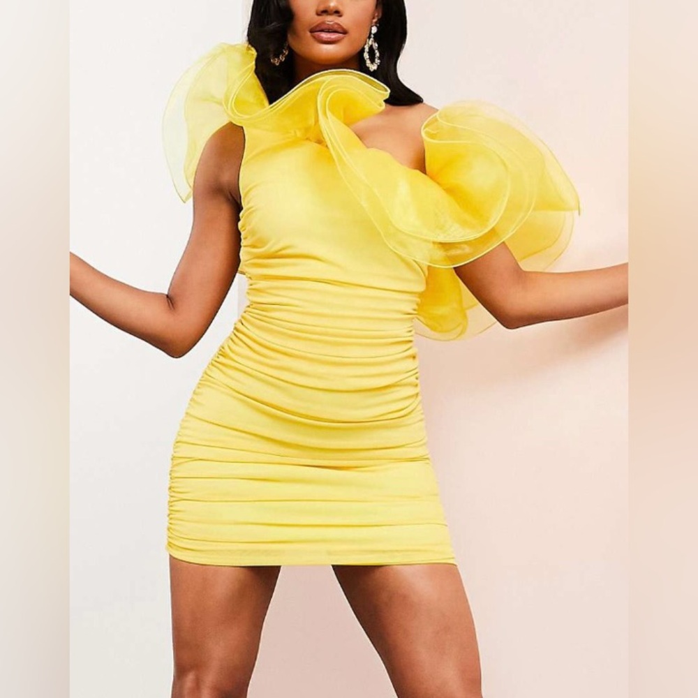 ASOS Curve Yellow One-Shoulder Ruffle Mini Dress